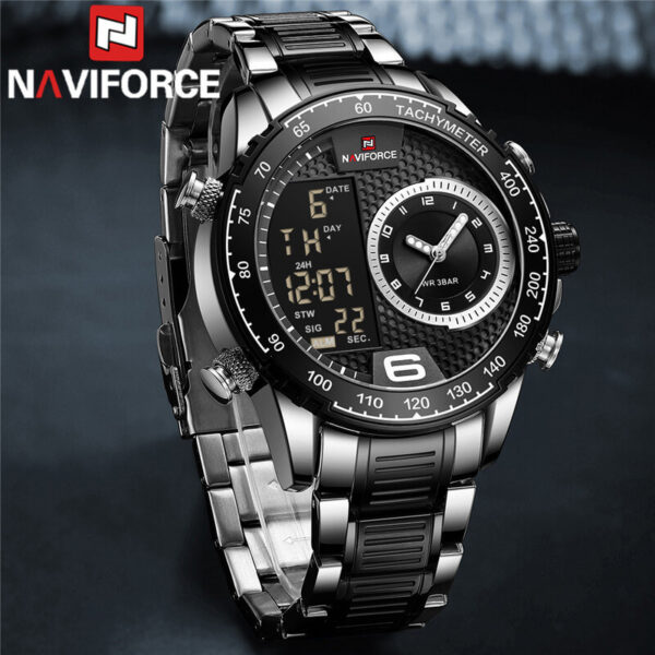 NAVIFORCE NF9199 Double Display LCD Chronograph Stainless Steel Wristwatch For Men - Silver/Black