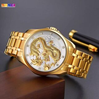SKMEI 9193 Dragon Quartz Luxury Stainless Steel Alloy Business Waterproof Wristwatches For Men - Golden/White
