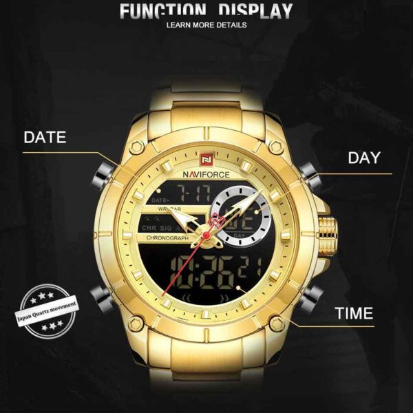 NAVIFORCE NF9163 Double Time Luxury Business Edition Stainless Steel Watch - Golden