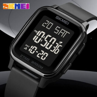 SKMEI 1858 Fashion LED Light Digital Rectangle Shape Complete Calendar Wristwatch For Men - Black