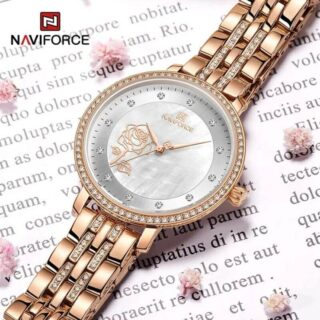 NAVIFORCE NF5017 Casual Diamond Surrounded Stainless Steel Rose Relief Watch For Women -Golden