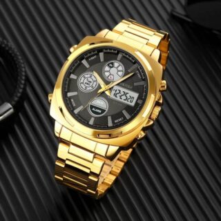 Skmei 1673 Business Dual Display Men Watch Stainless Steel Multifunction Fashion LED Light - Golden/Black