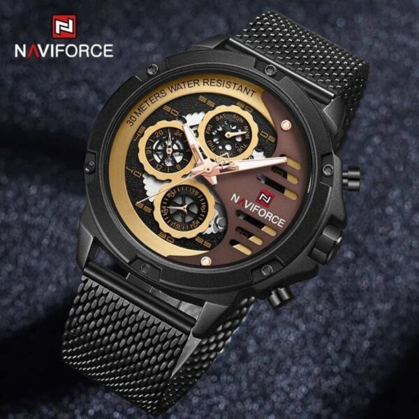 NaviForce NF9110 Luxury Chronograph Analog Quartz Mesh Stainless Steel Casual Watch For Men - Black/Gold