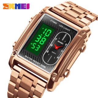 SKMEI 1868 Rectangle Dial Digital Analog Stainless Steel Watch For Men - RoseGold