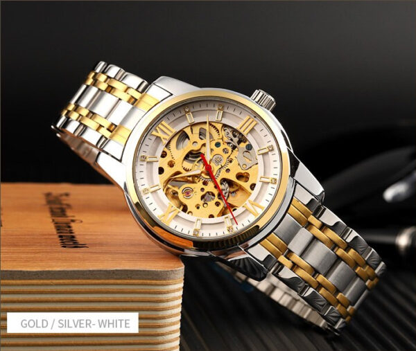 SKMEI 9222 Men's Business Skeleton Hollow Mechanical Automatic Stainless Steel Wristwatch - Silver/Golden