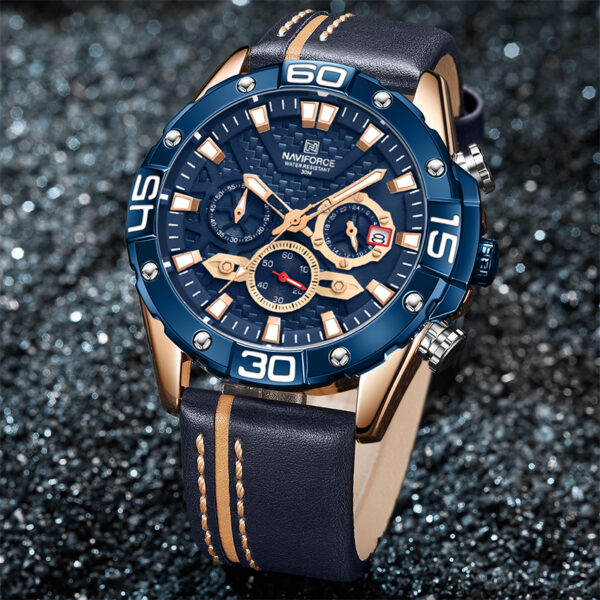 NAVIFORCE NF8019 Men's Multifunction Luminous Chronograph Leather Strap Quartz Watch - Blue