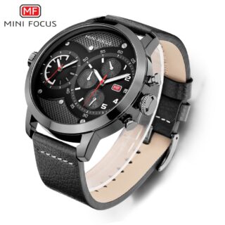 MINI FOCUS Men's Luxury Military Leather Strap Waterproof Casual Sports Dual Time Chronograph Wrist Watch - Black