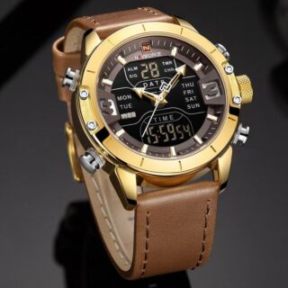 NAVIFORCE NF9153 Double Time Multifunction Watch With Leather Strap - Golden