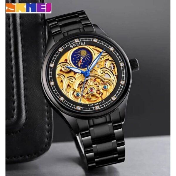 SKMEI M025 Men's Two Tone Moon Phase Mechanical Rhinestone Luminous Stainless Steel Watch - Black/Gold